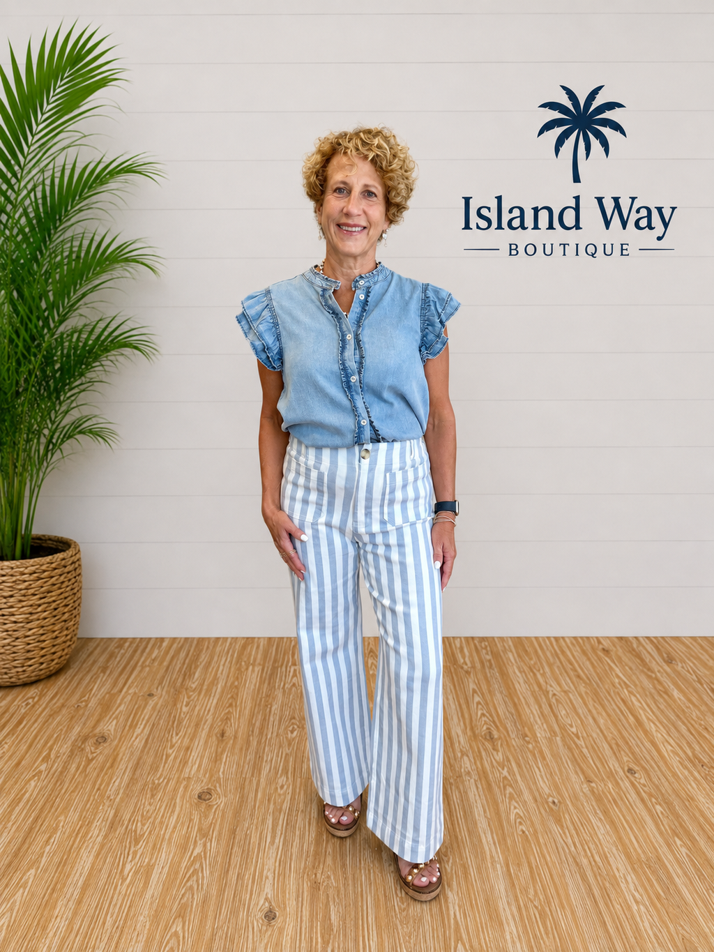 Blue and White Stripe Wide Leg Jeans