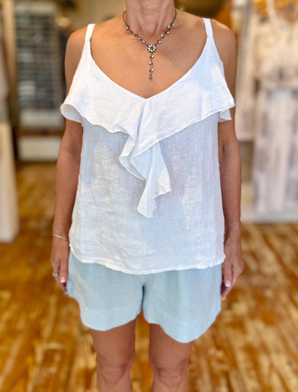 White Ruffle Linen Tank