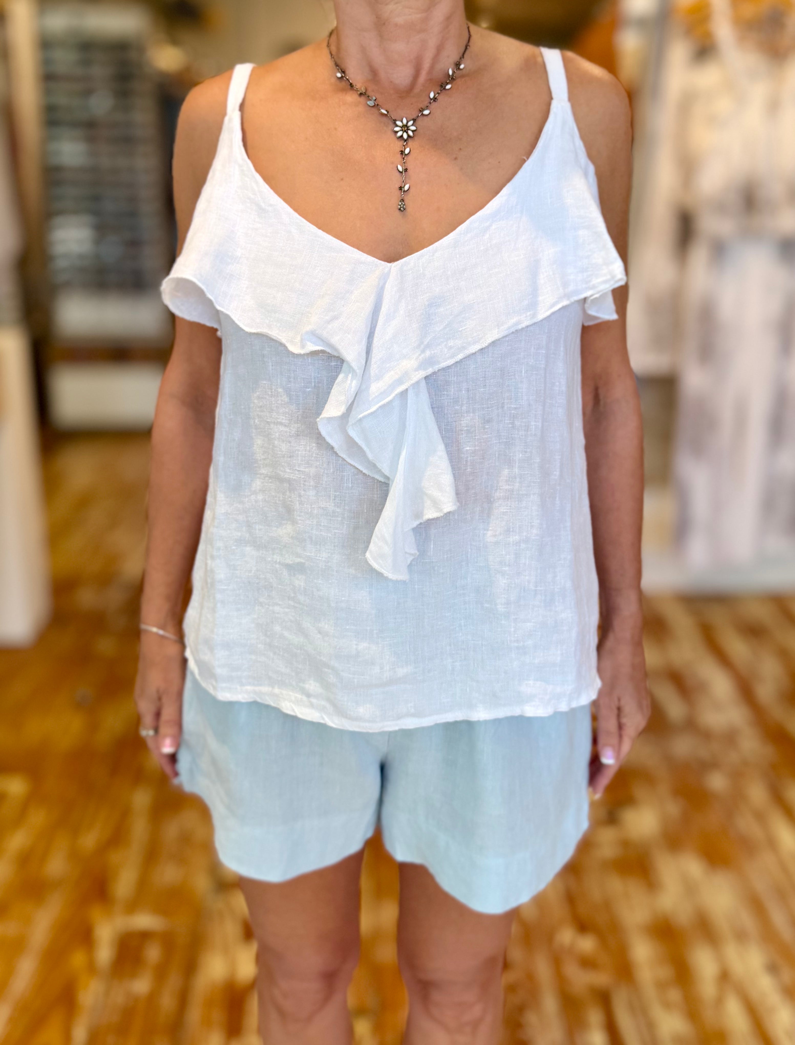 White Ruffle Linen Tank