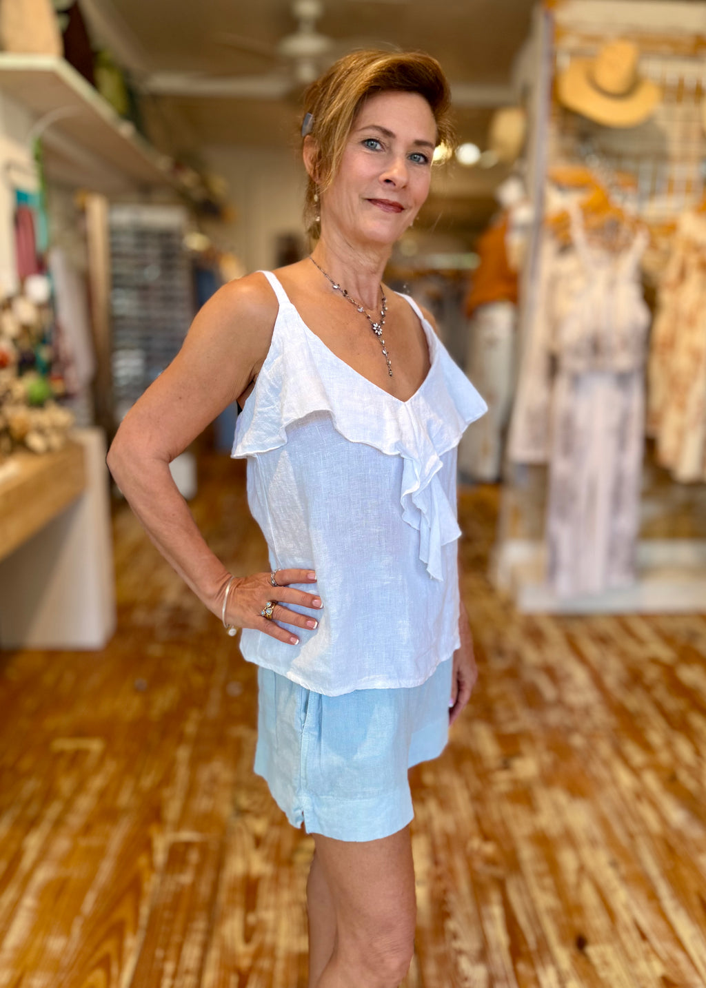 White Ruffle Linen Tank