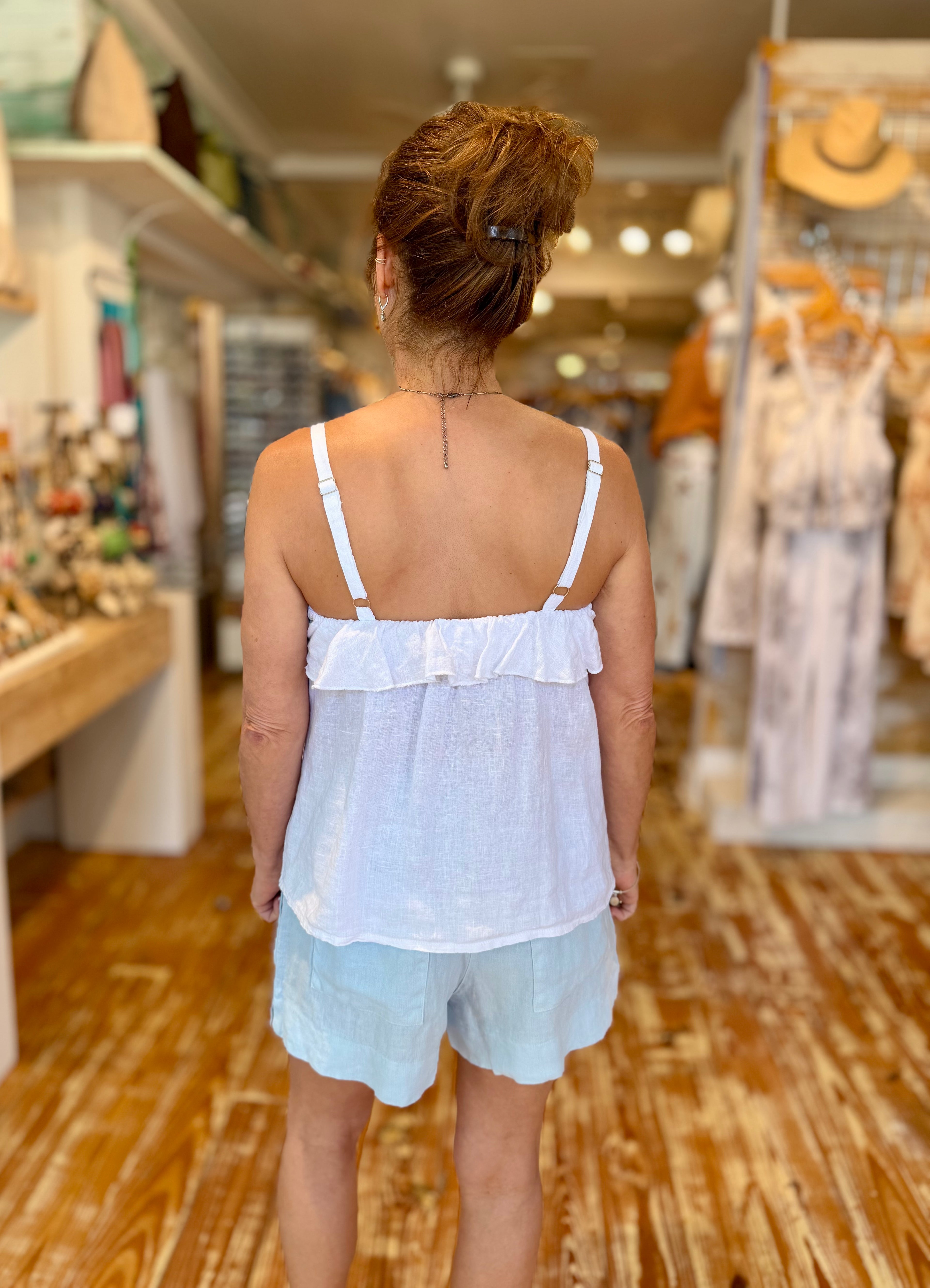 White Ruffle Linen Tank