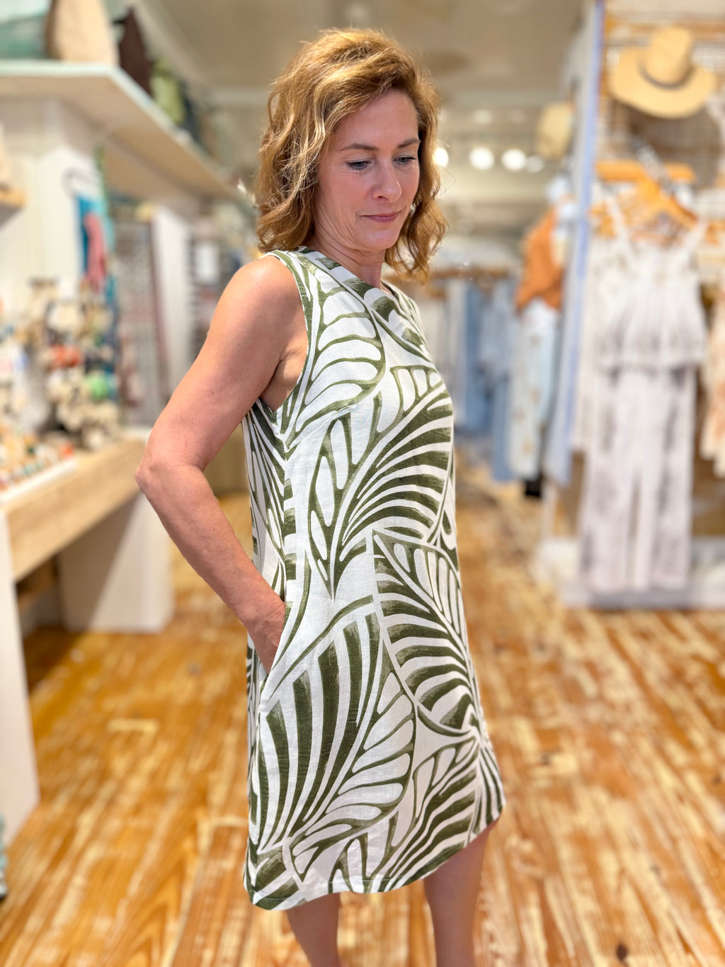 Olive Leaf Print Shift Dress