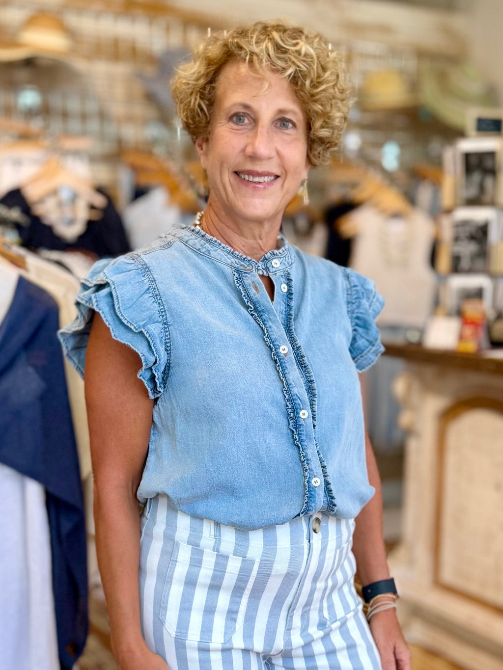 Soft Chambray Ruffle Sleeve Top