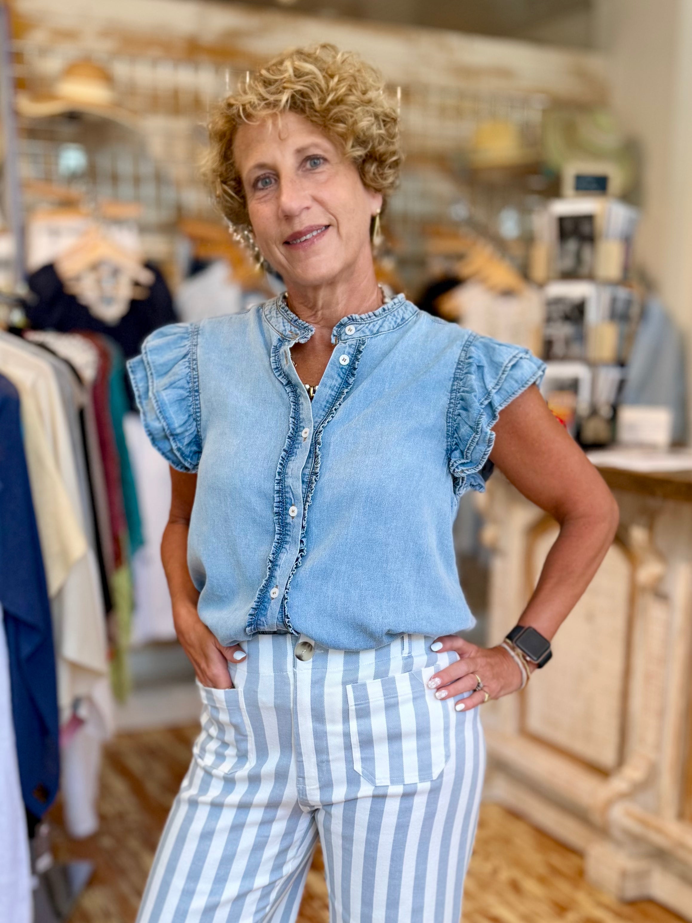 Soft Chambray Ruffle Sleeve Top
