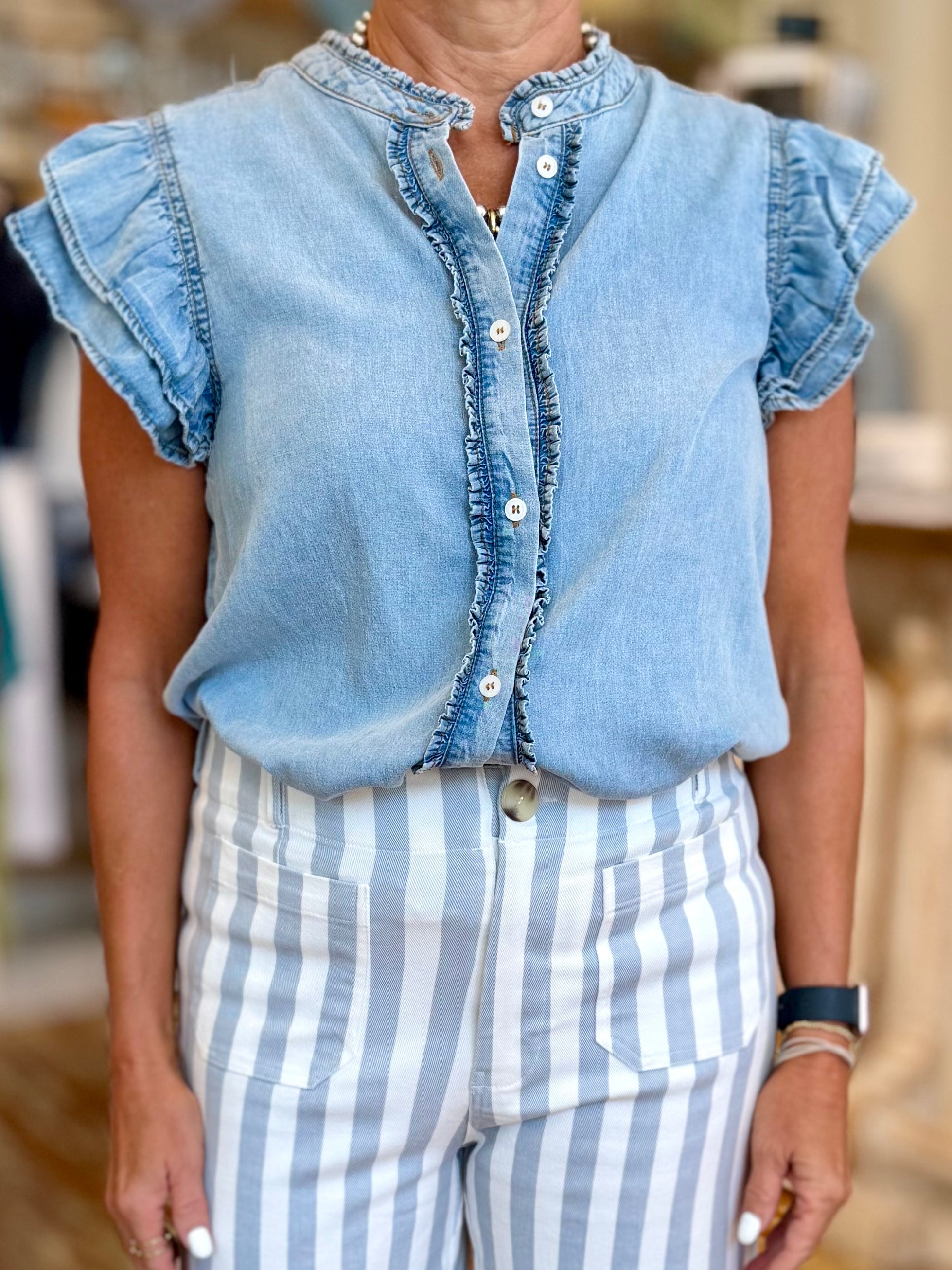 Soft Chambray Ruffle Sleeve Top